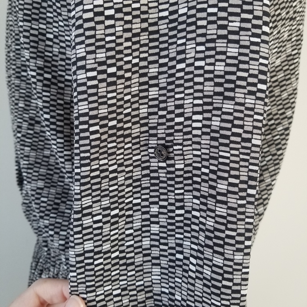 VINCE Drawstring 100% Silk Grid-Print Gray Dress Roll Tab Sleeves Size S - Picture 13 of 16